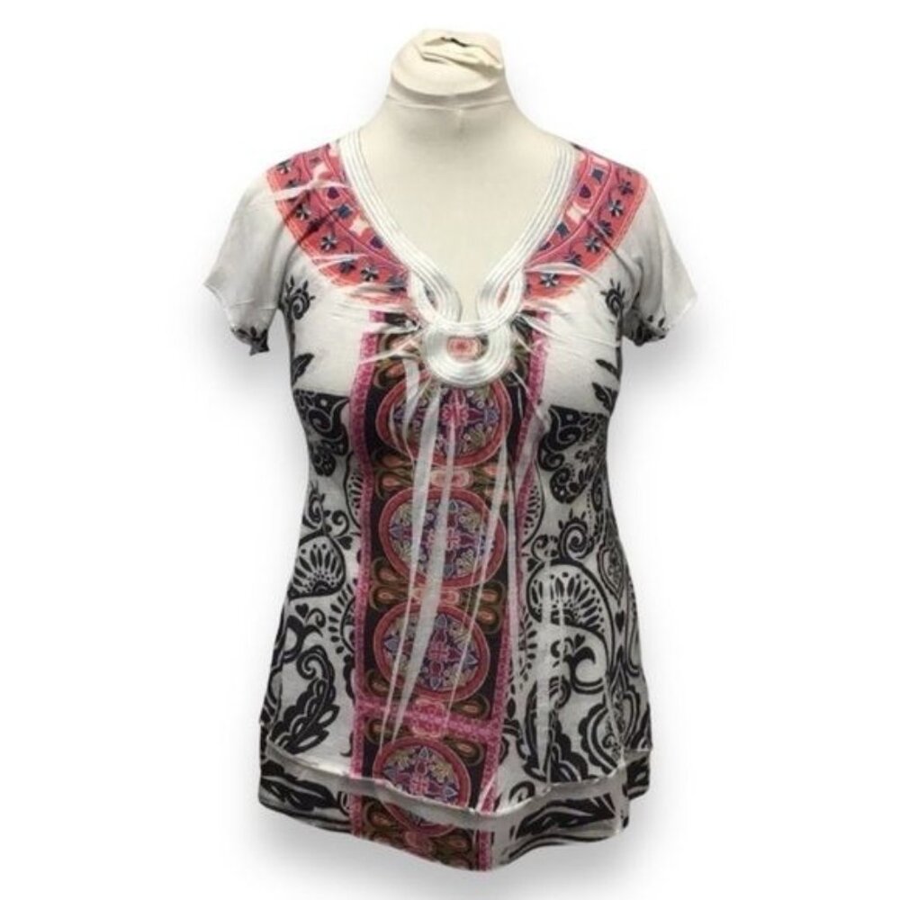 One World Women’s Short Sleeve Deep V Paisley Boho Top, White, size M